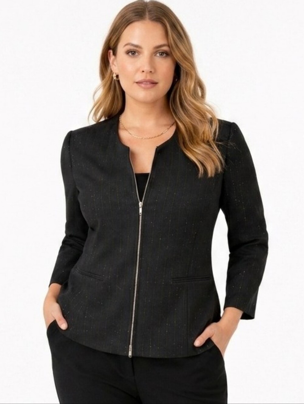 Karen Scott Metallic Pinstripe Zipper Jacket Black 18W